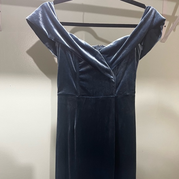 Lulu's Sweet Symphony Dusty Blue Velvet Off-the-Shoulder Maxi Dress Gown - Picture 7 of 9